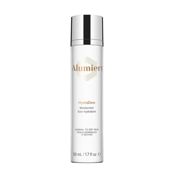 Alumier HydraDew Drėkinantis Kremas – Drėkinamasis kremas, skirtas normaliai ir sausai odai, baltame buteliuke su sidabriniu dangteliu, autentiškas Alumier logotipas.